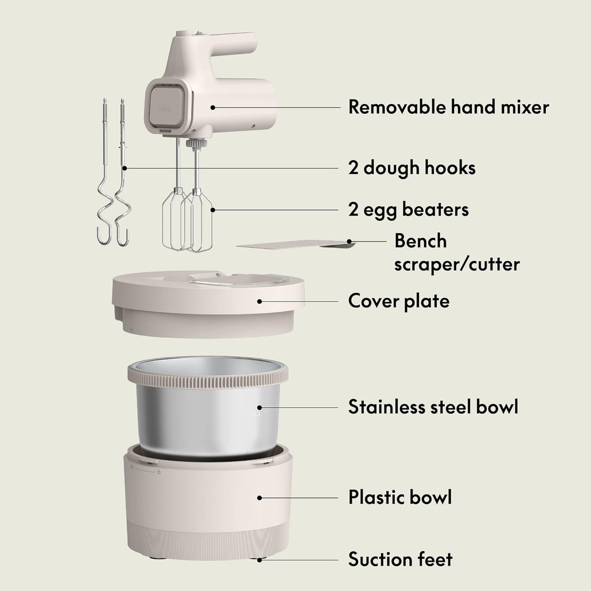 Bella 3.5 Qt Hand & Stand Mixer, 2-in-1 Electric Mixer with Bowl, Dough Hook, Whisk & Egg Beaters, 200-Watt Multifunctional Baking Mixer, Oatmilk