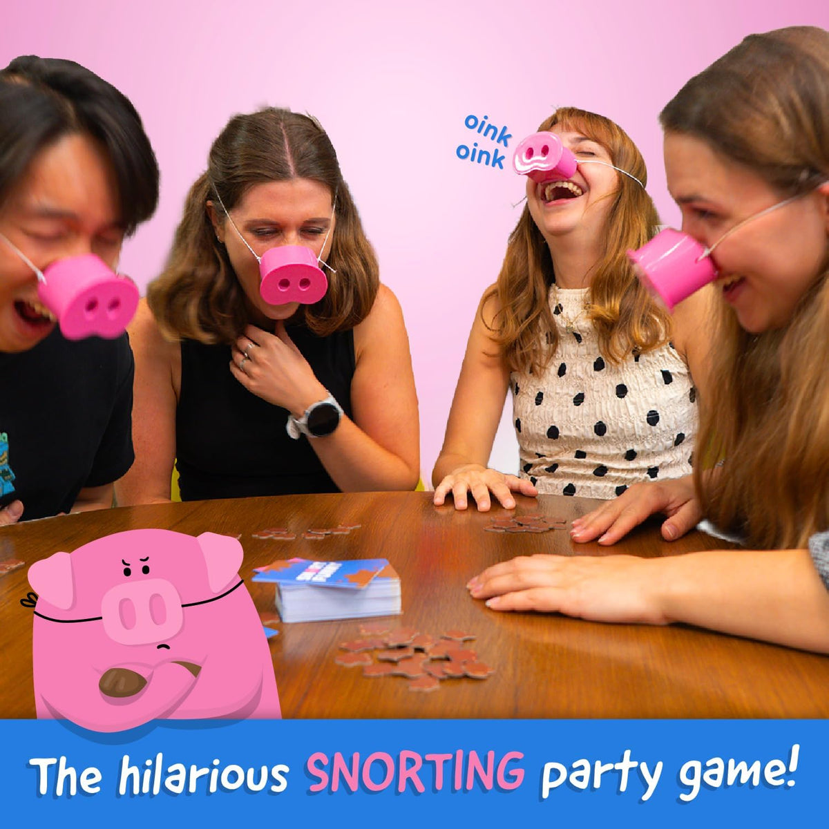 Snort Funny – The Oinkcredible “You Laugh You Lose” Party Game | Family & Friends Game with 150 Challenge Cards, 5 Pig Snouts & Mud Tokens | 4–8 Players, Ages 8+