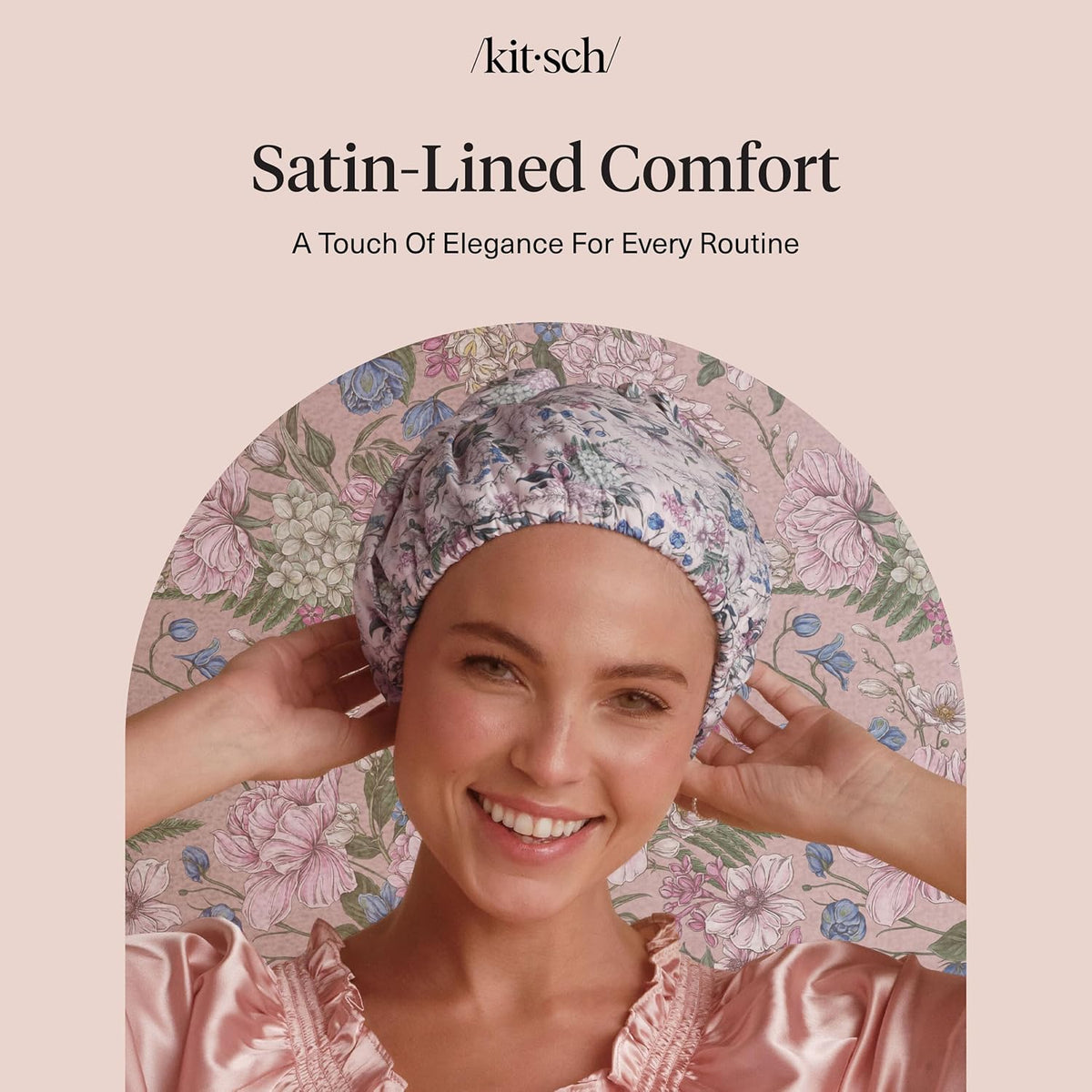 Bridgerton x Kitsch Satin-Lined Flexi Shower Caps for Women Reusable Waterproof
