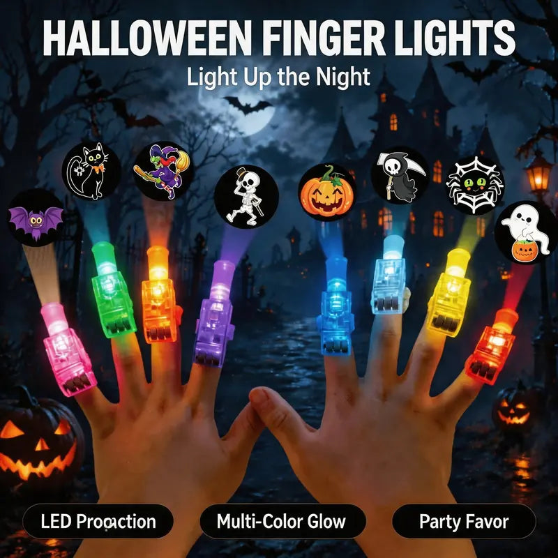 Halloween LED Finger Projection Lights – 8/16/24-Piece Party Favor Sets