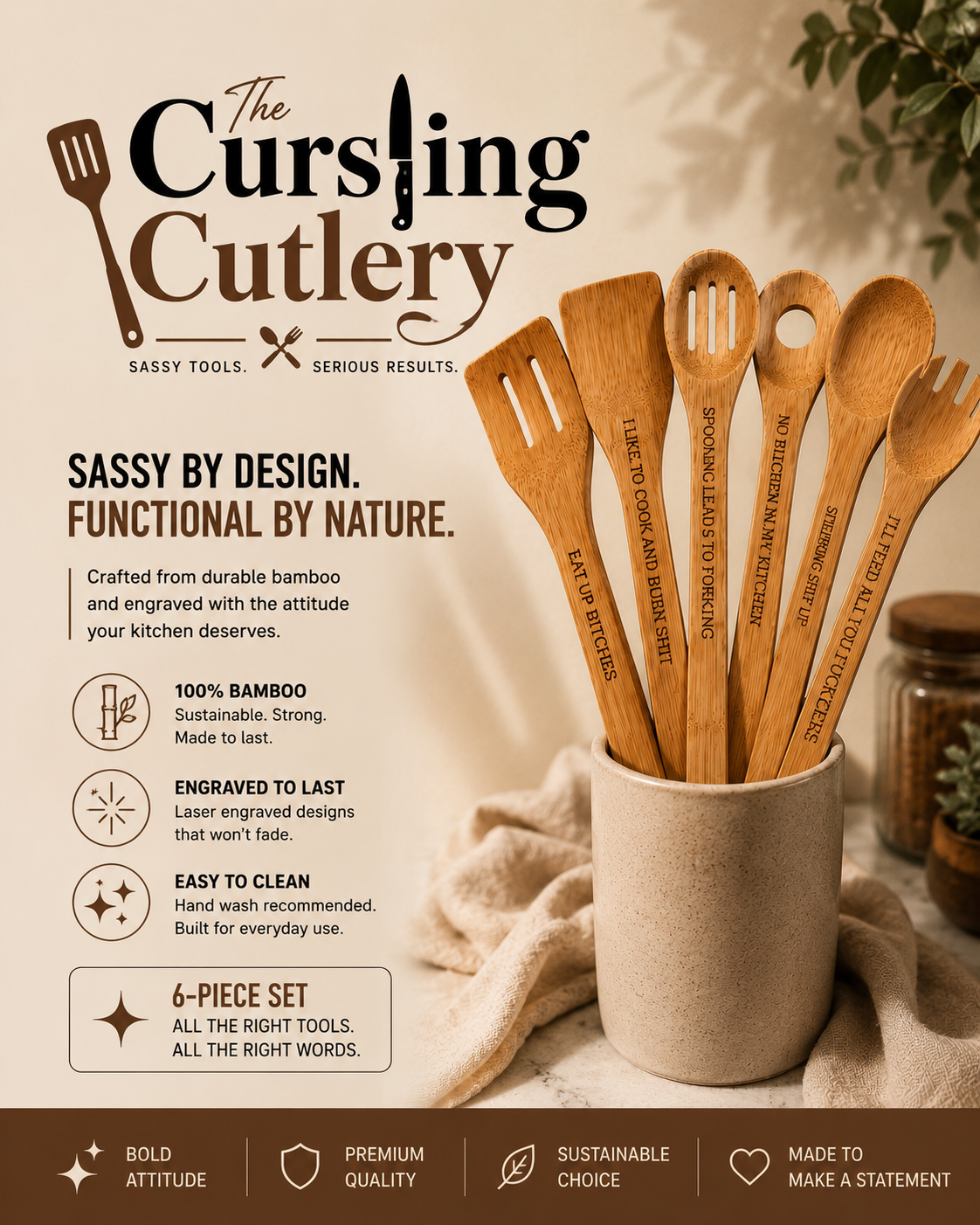 Sass & Serve 6-Piece Bamboo Kitchen Utensil Set