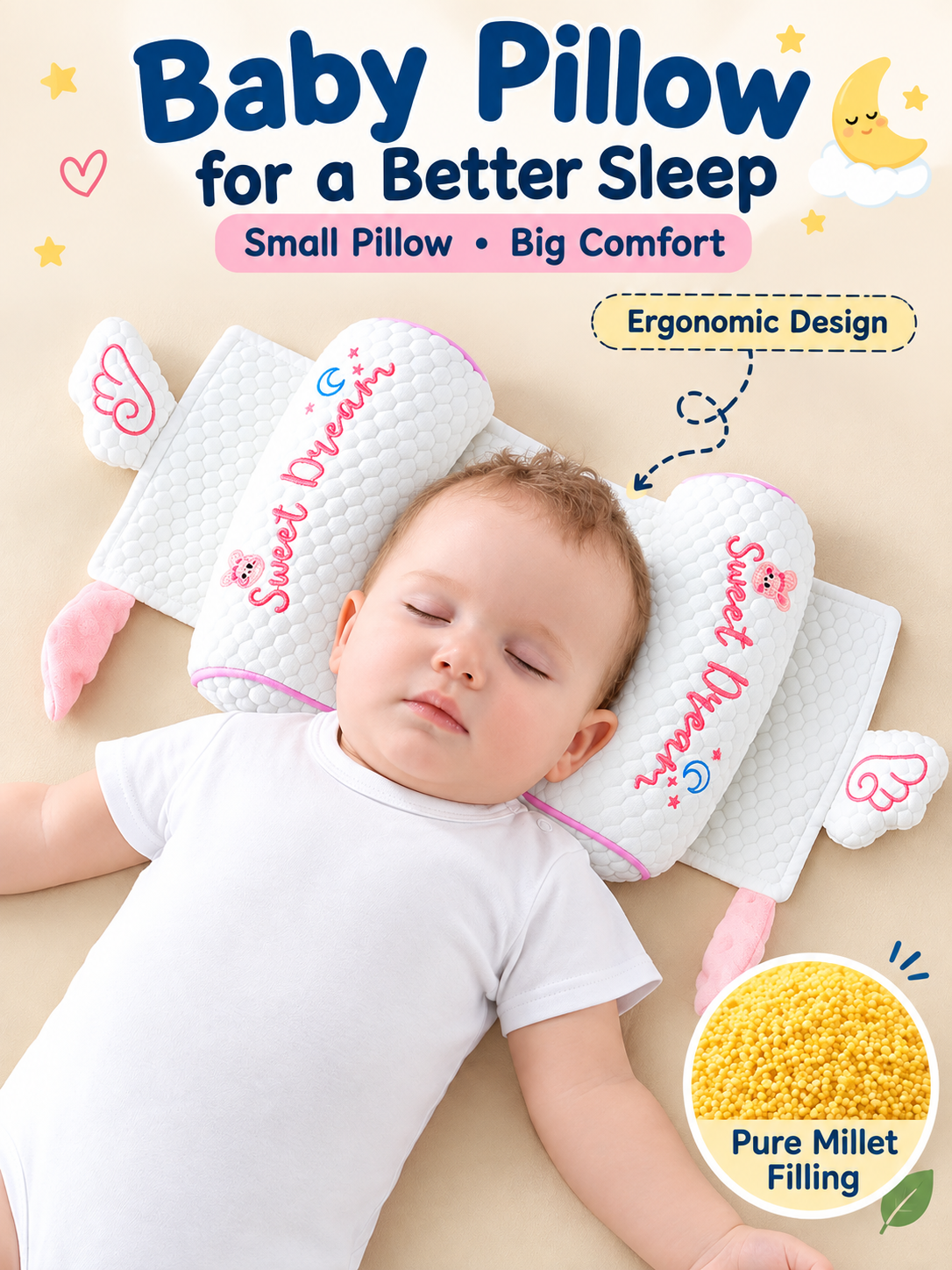 Millet Pillow Baby Head-Shaping Pillow for Newborns (0–6 Months) — Helps Support Head Shape and Reduce Flat-Head Positioning